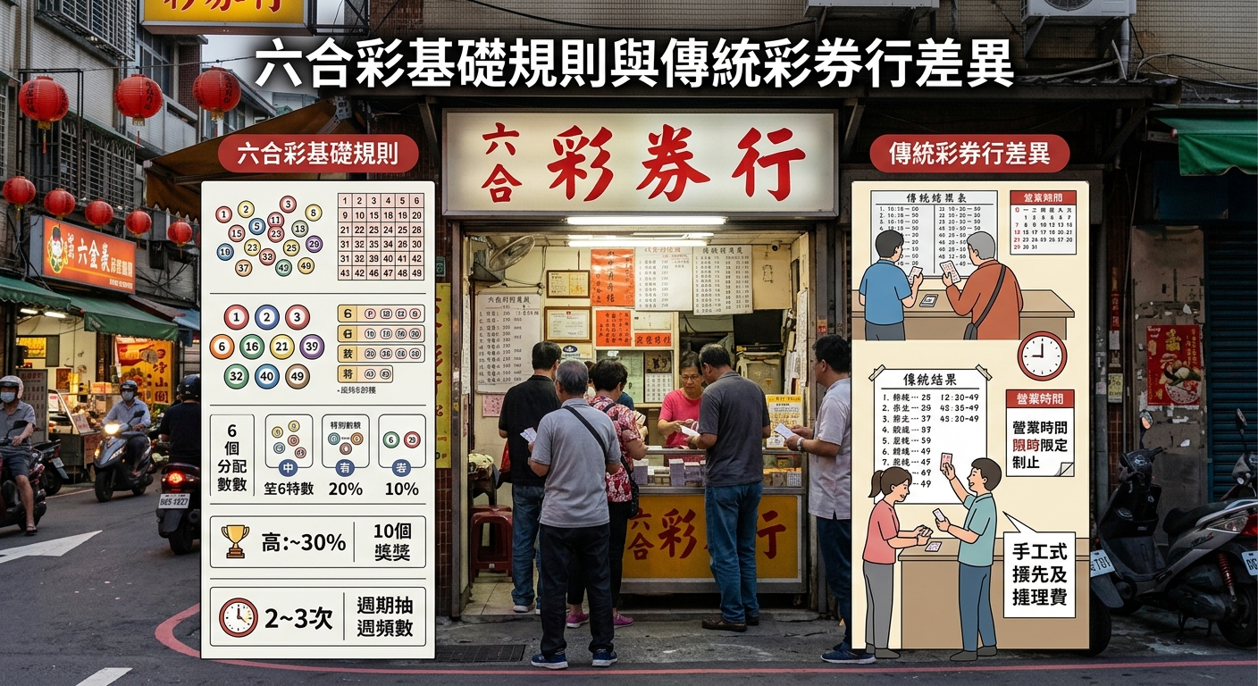 这张图片展示了一家傳統彩券行，中央頂部標有標題「六合彩基礎規則與傳統彩券行差異」。 圖中左右兩側分別以圖表呈現六合彩的基本規則說明，以及傳統彩券行在營運與服務上的主要特點。